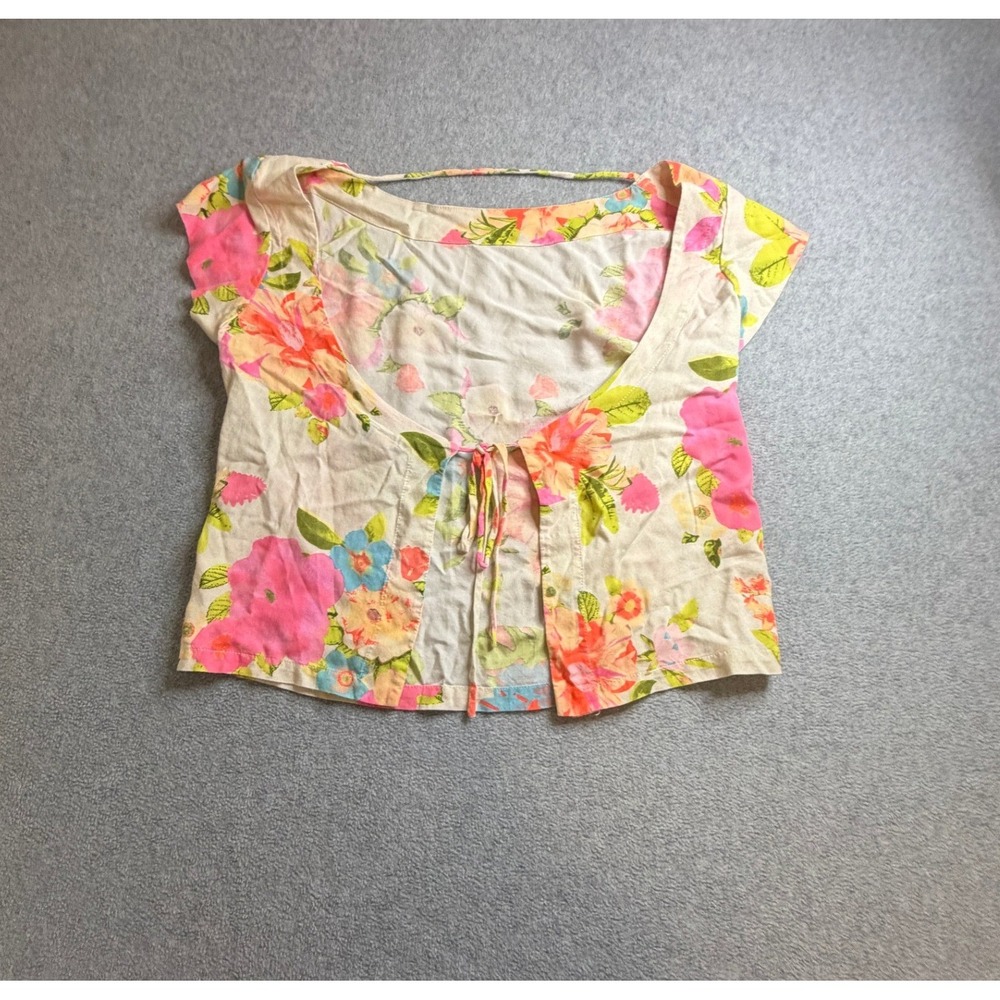Farm Rio Floral Crop Top Pink Orange Blue Open Back Tie Viscose Size P Small - Picture 2 of 7